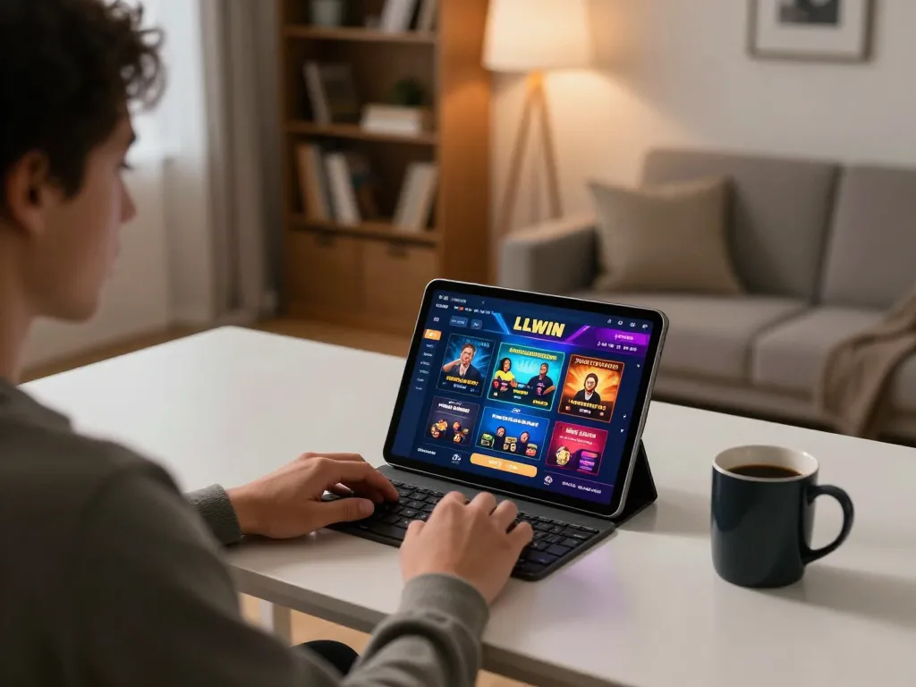 Player engaging with LLWIN online casino on a tablet in a cozy home environment.