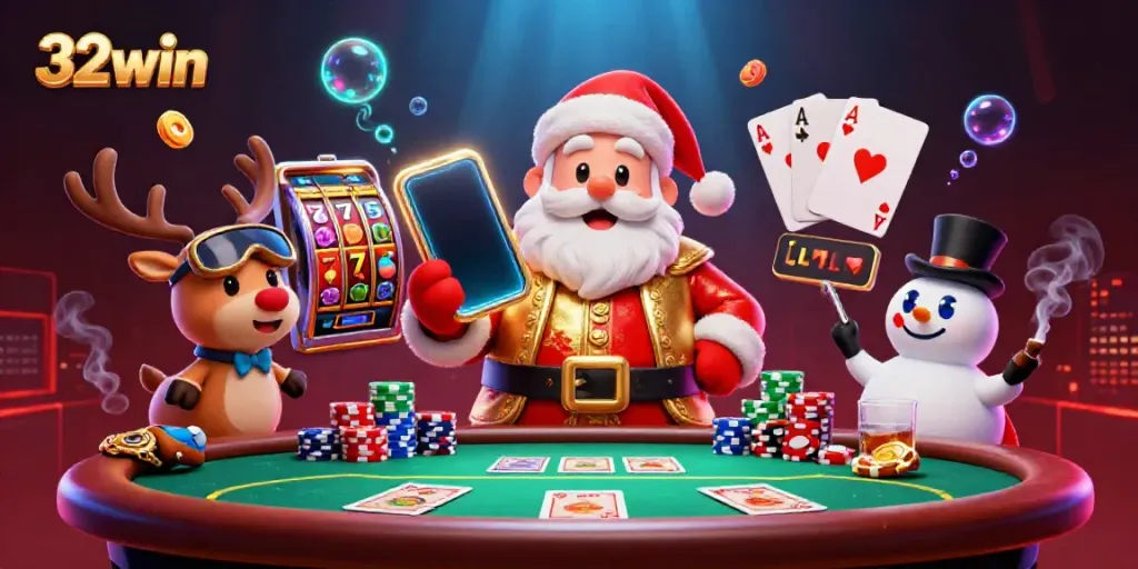 Experience the excitement of 32win with a dynamic festive casino illustration showcasing vibrant slot machine moments.