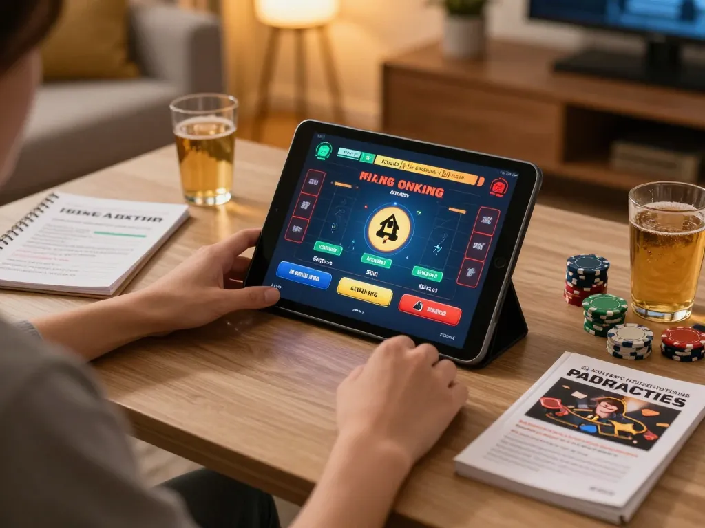 Engaged player enjoying online casino games on tablet with jun 88 platform in cozy home setup