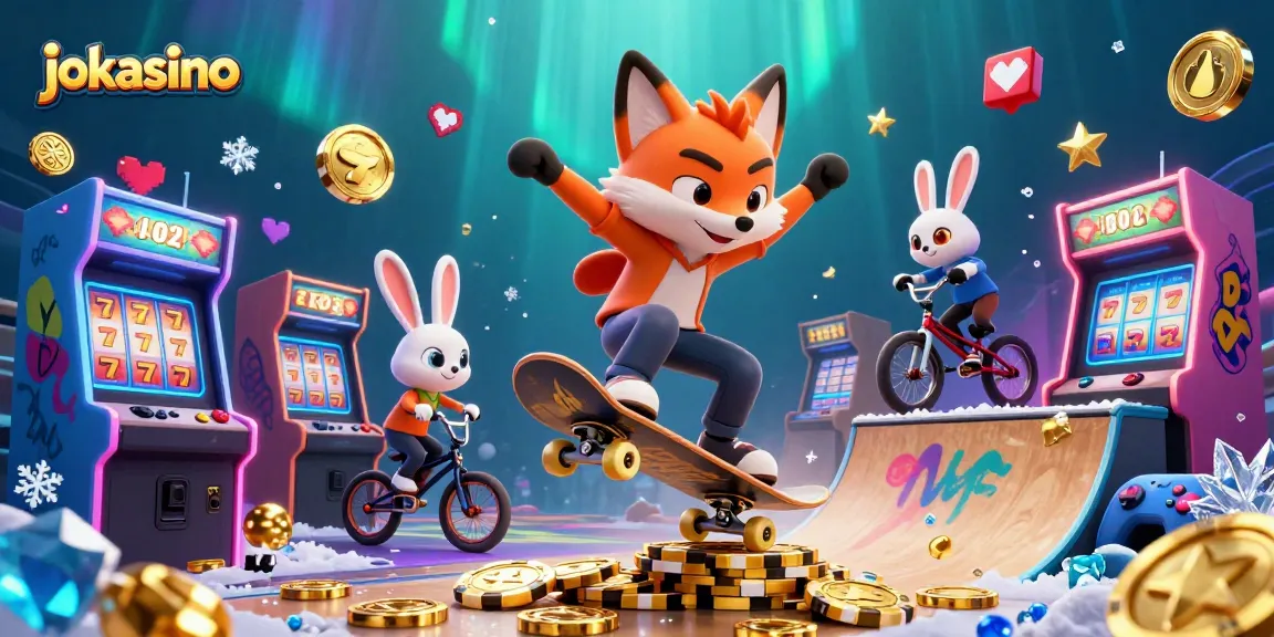 Join the excitement at jokacasino with vibrant 3D gaming scenes featuring a skateboarder fox and BMX-riding rabbit.