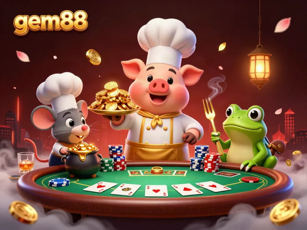 Experience gem88 with a lively casino atmosphere featuring colorful chips and playful characters.