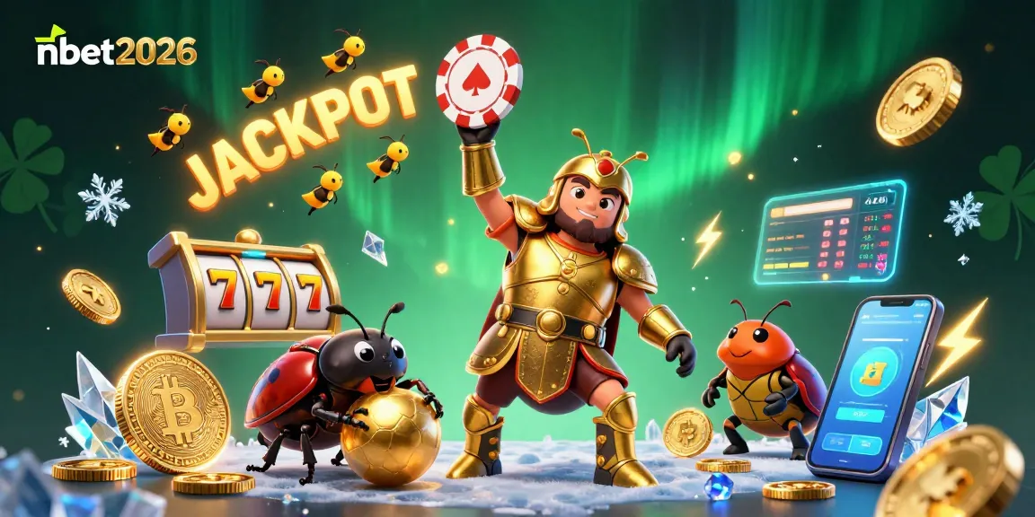 Experience the thrill of nbet2026 as a heroic beetle lifts a poker chip amid a colorful, vibrant jackpot scene.