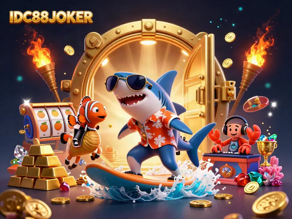 Play exciting casino games with IDC88JOKER featuring vibrant characters and gold treasures.