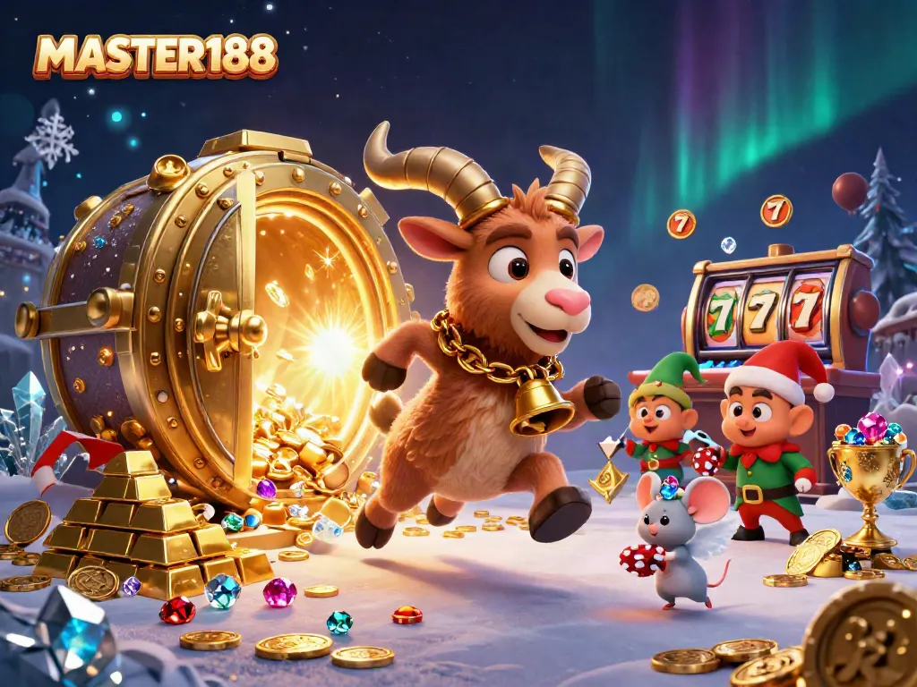 Experience the thrill of MASTER188 in a festive 3D casino scene filled with excitement and mischief.