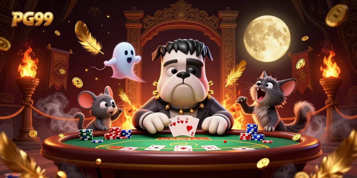 PG99 players engage in a thrilling poker game with dynamic characters at a spooky casino table.