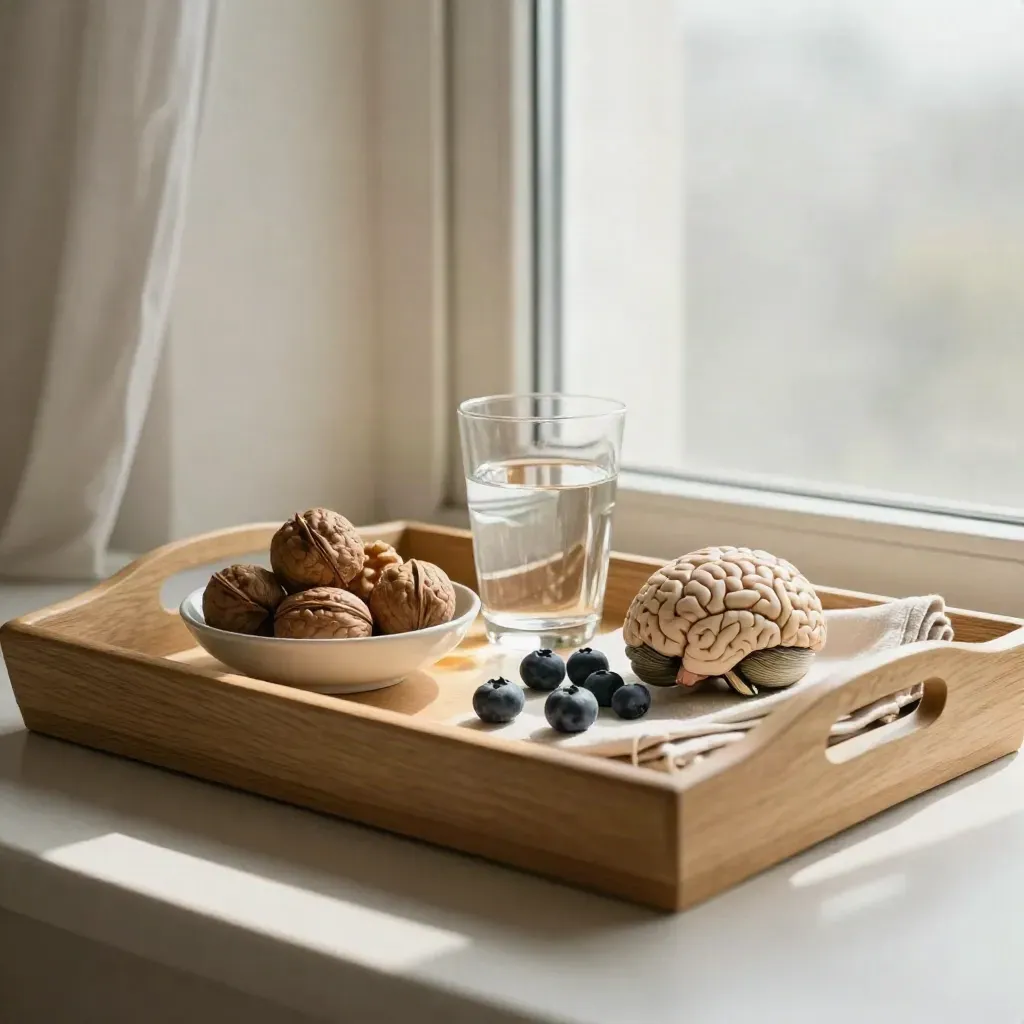 Breakfast tray with walnuts, blueberries, water glass, bowl and brain model by a bright window.