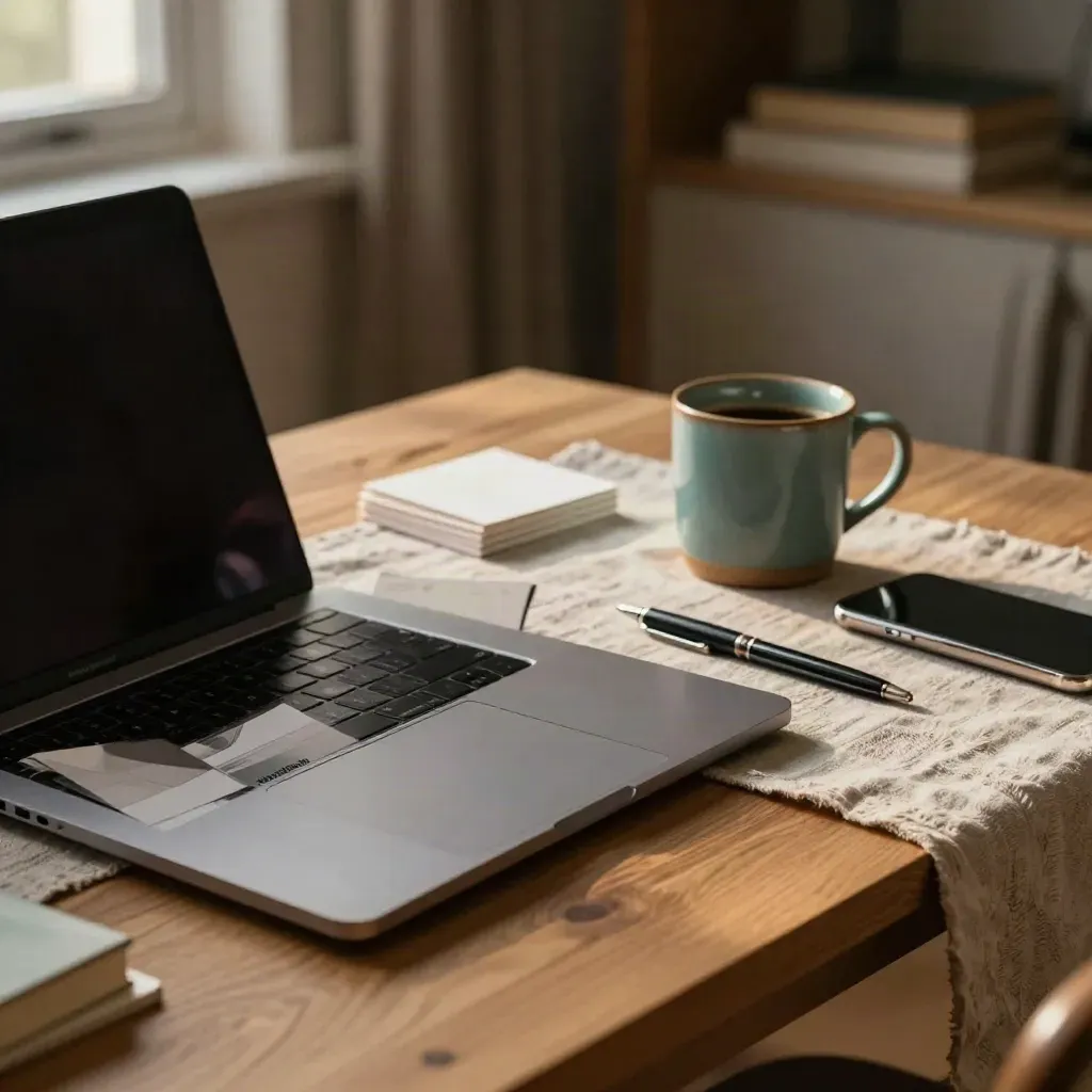 Closed laptop, reading cards, mug and phone on a linen-runner study table in warm dusk light.