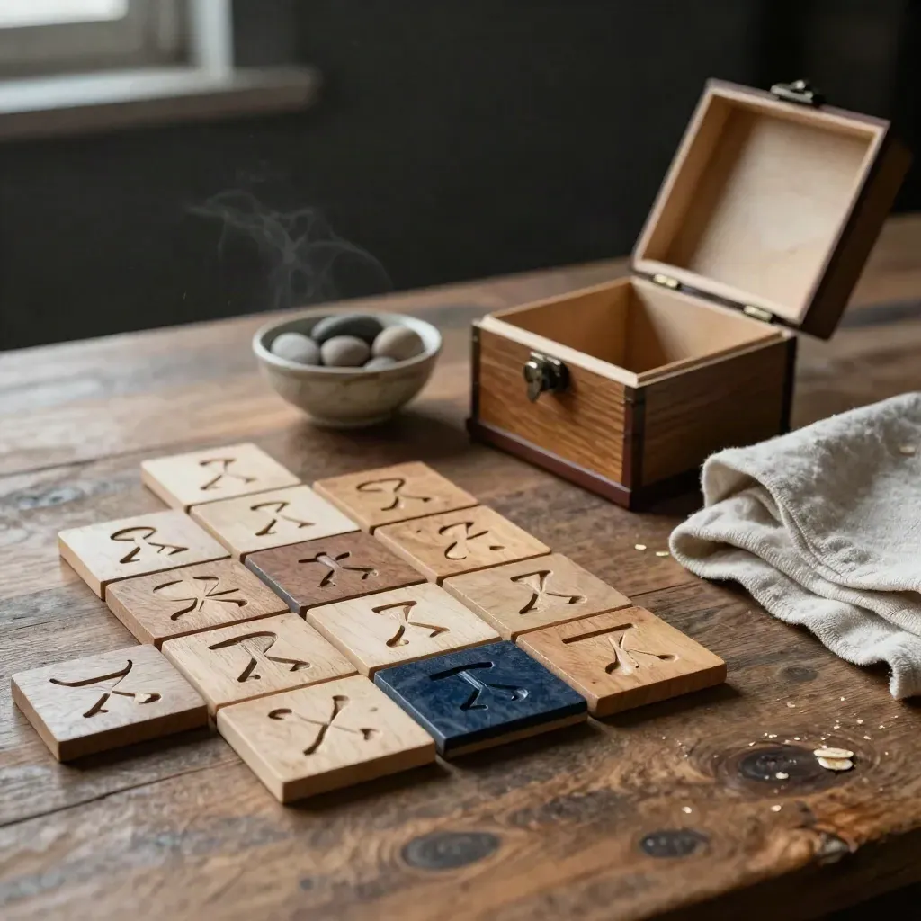 Memory tiles, open puzzle box, stones and linen on walnut in dramatic dark light