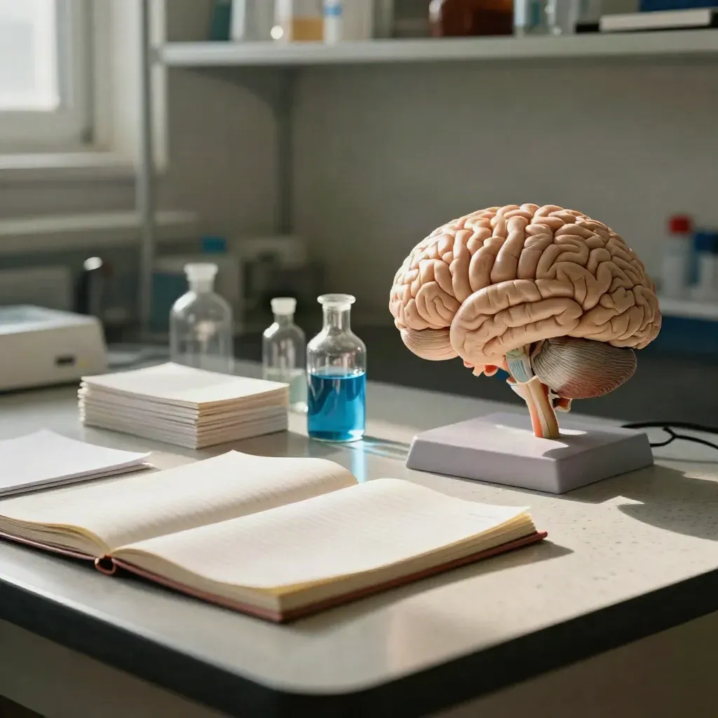 Translucent brain model with glass vials and cards on a travertine lab bench.
