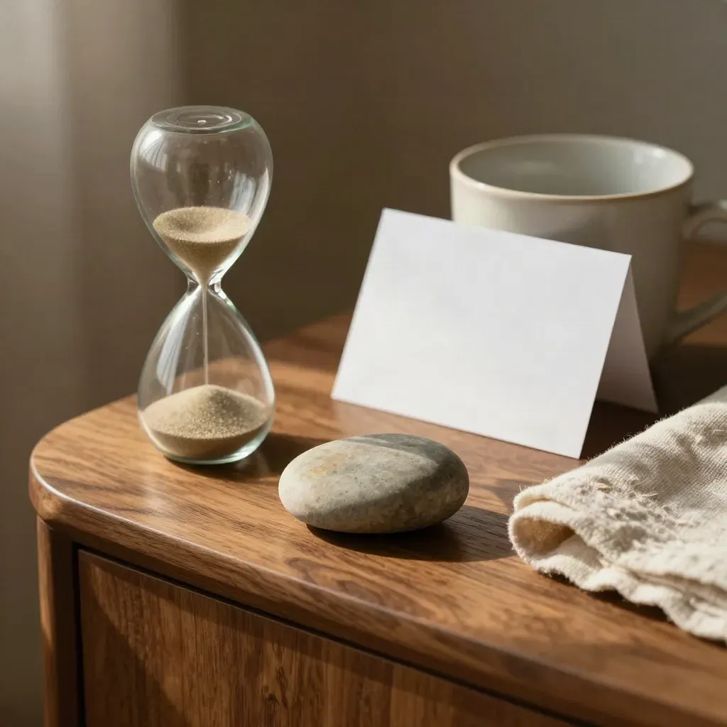 Sand timer finishes a focus drill beside a breathing stone, cup, and folded cloth on walnut.