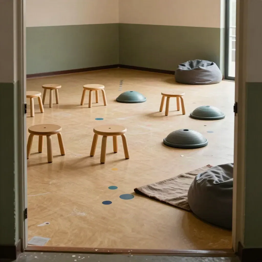 Empty classroom brain-break station with stools, teal balance discs, floor dots, rolled rug and beanbags.