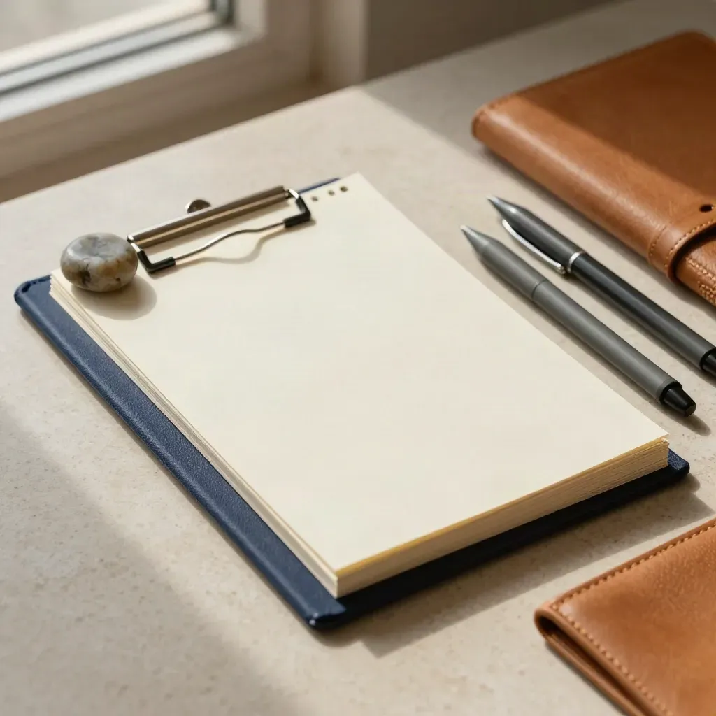 Overhead macro of study cards, binder, pens, stone paperweight and planner on travertine.