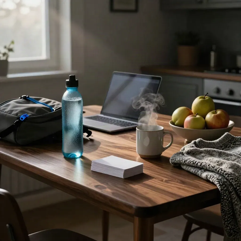 Dawn exam-prep items on a walnut kitchen table with a blue accent