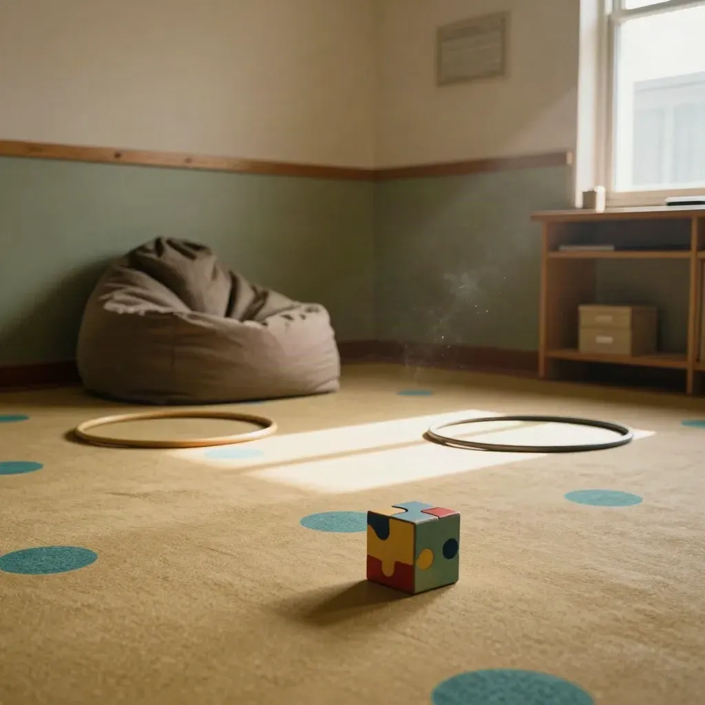 Cozy floor-level play corner with beanbag, floor dots, hoop, play mat, and puzzle cube in afternoon light.