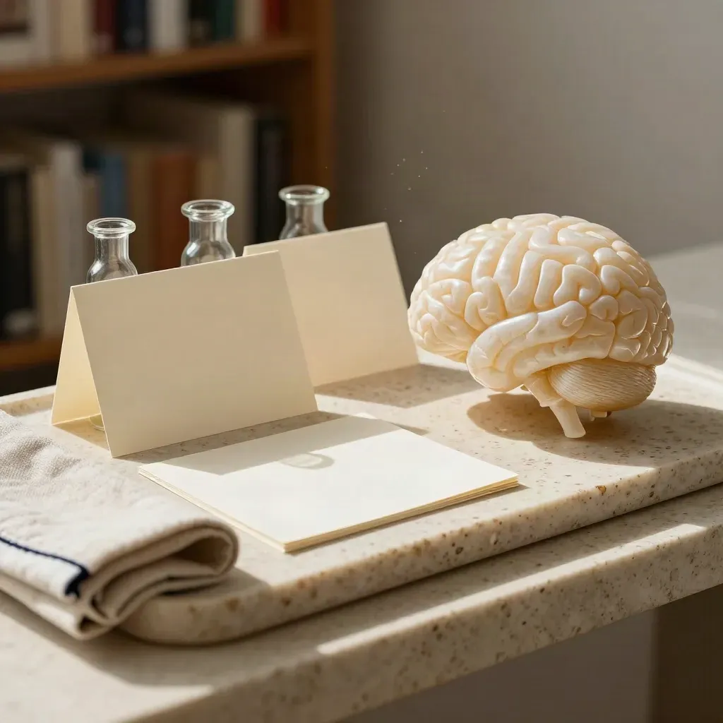 Translucent brain model beside blank note cards and glass vials on a stone tray by a sunlit window
