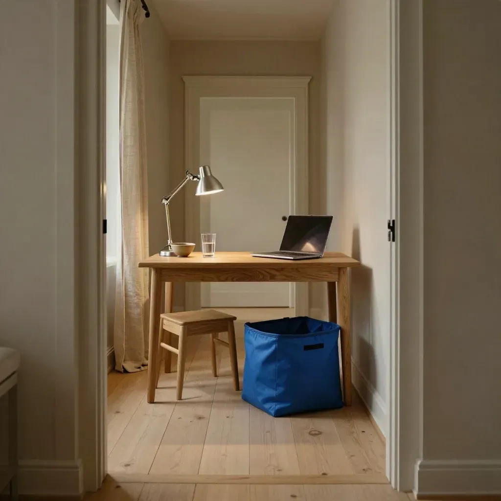 Evening homework nook with desk lamp, water glass, fruit bowl, and closed laptop.