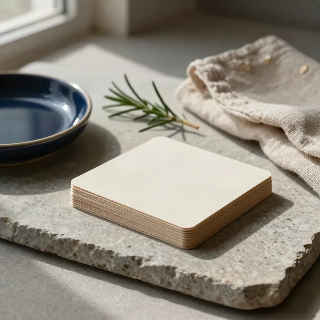 Memory cards, navy dish, linen, and rosemary on stone in soft window light.