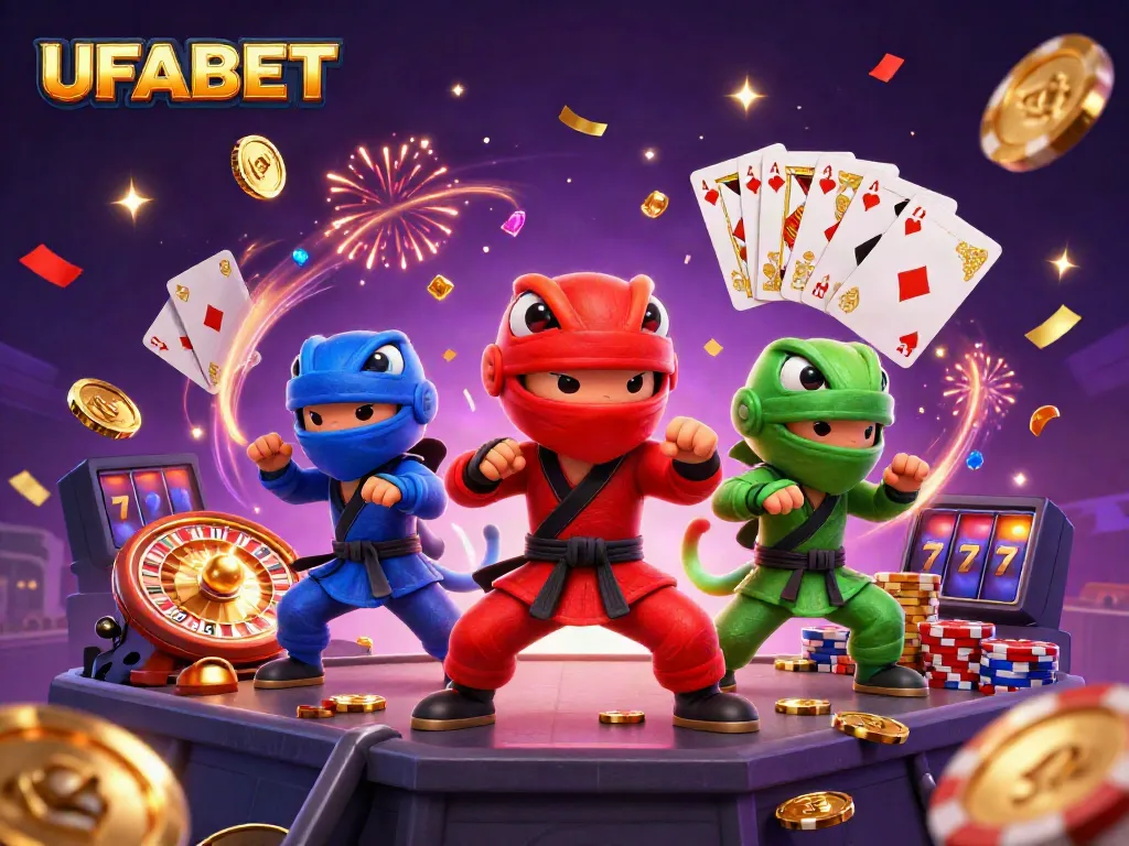 Experience thrilling betting action at UFABET with animated ninja chameleons and casino elements.