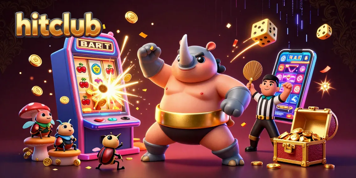 hitclub slots jackpot scene with a rhinoceros beetle sumo champion and colorful casino elements