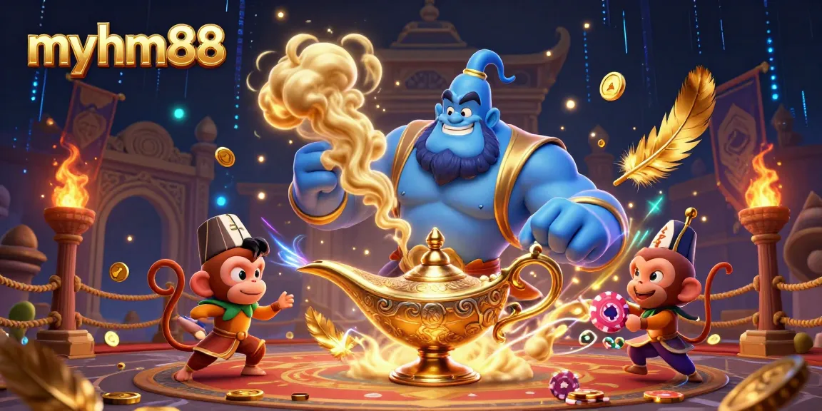 Win big with myhm88: a vibrant casino scene featuring a magical genie and poker elements.