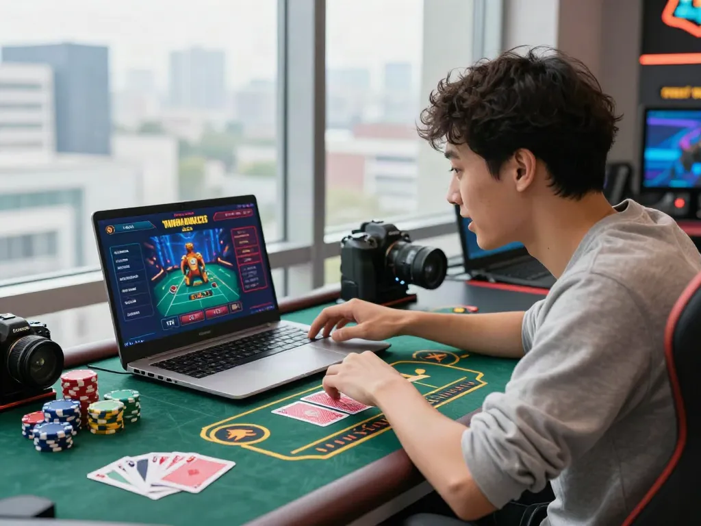 Engaged player interacting with the online gaming platform at https://hitclub3.io/ surrounded by gaming chips and cards.