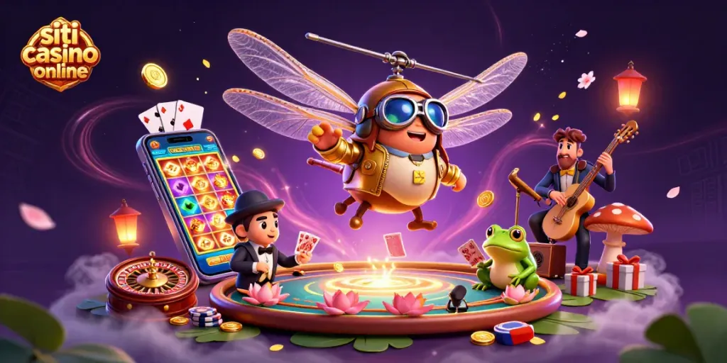 Gioca nei siti casino online con un drago in elicottero e croupier rana che distribuiscono carte.