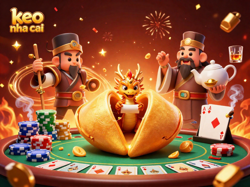 Engage with keo nha cai's vibrant casino scene featuring a golden fortune cookie and poker elements.