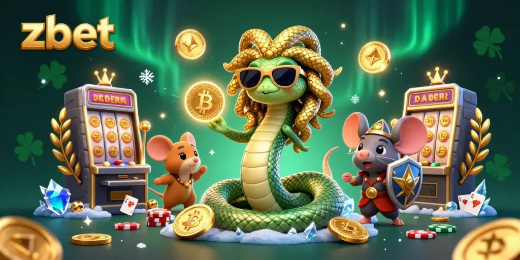 Spin and win at zbet with Medusa and a stone-shield mouse in a vibrant casino scene.