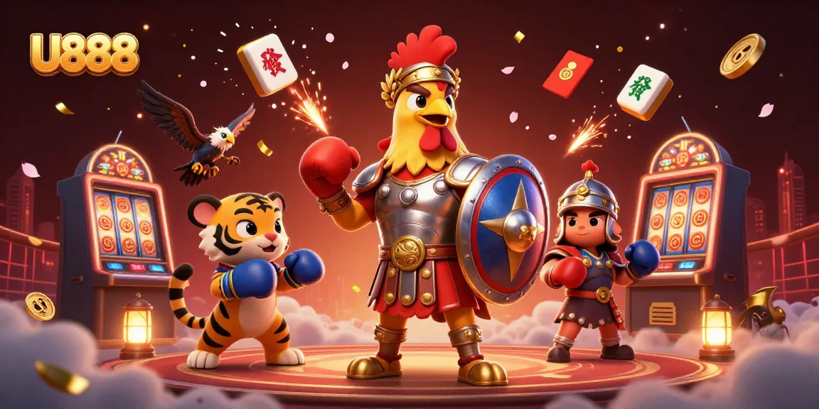 Experience the excitement of U888 casino games with an engaging illustration of a gladiator rooster and vibrant game elements.