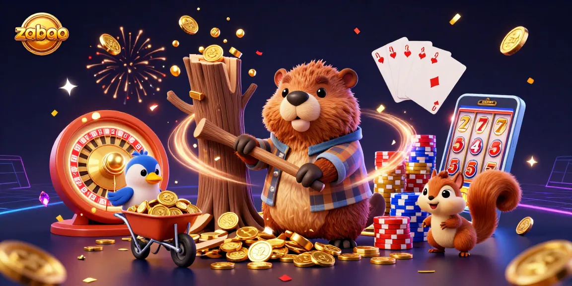 zaobao engages players in a vibrant casino scene with a beaver, bird, and squirrel amidst gold coins and poker chips