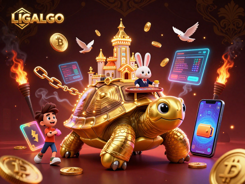 LIGALGO players enjoying online sports betting alongside a golden tortoise casino and crypto elements.