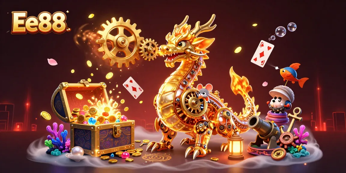 Engage with Ee88's golden dragon amidst treasures, cards, and underwater wonders in a thrilling casino atmosphere.
