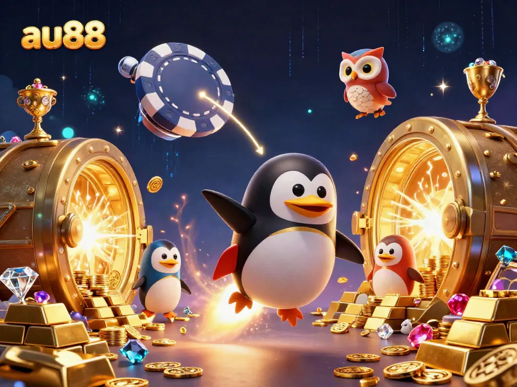 Engage with exciting au88 casino adventure led by a golden penguin in a dazzling cosmic realm.