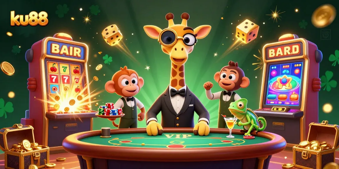 ku88 brings excitement as a high-roller giraffe and friends celebrate big wins at the casino.