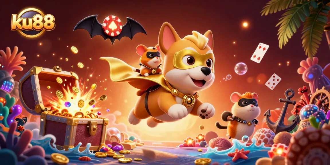 Experience thrilling wins at ku88 with a heroic dog and hamster duo amidst vibrant casino action.