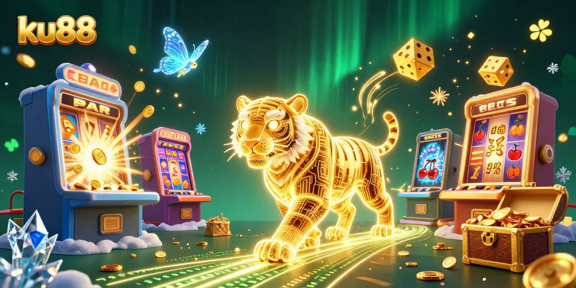 ku88 casino scene featuring a glowing tiger and jackpot elements with vibrant casino symbols and lights