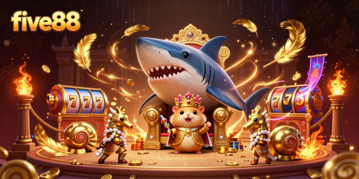 Experience the excitement of five88 with a fierce hamster king and his royal seahorse guards in an epic casino arena.