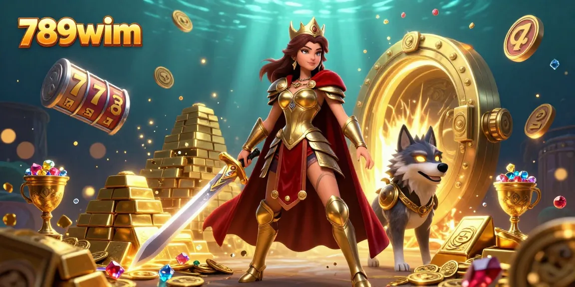 A stunning scene showcasing a warrior queen and her wolf companion, with vibrant casino elements, capturing the essence of 789wim.