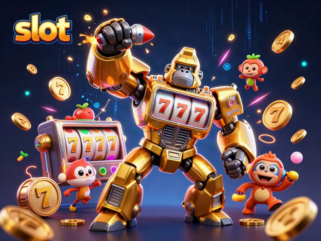 Engage in thrilling slot action with a dynamic gorilla mech and vibrant game elements.