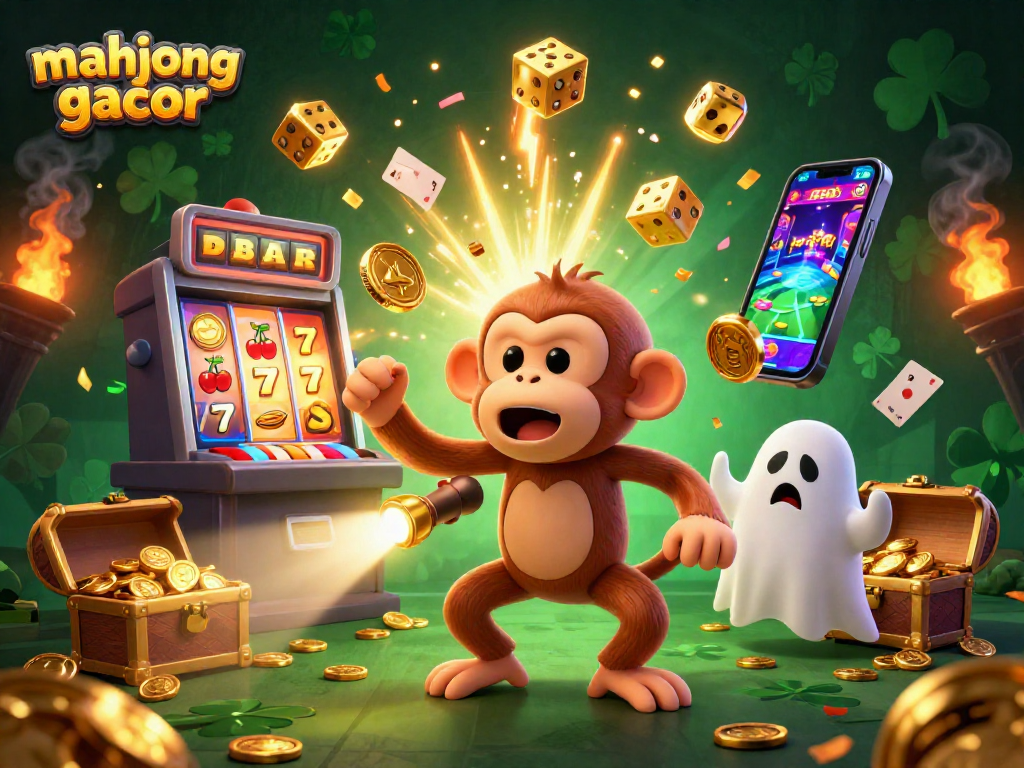 Engaging scene of mahjong gacor featuring a playful monkey and ghost-hunter puppy in a vibrant casino landscape.