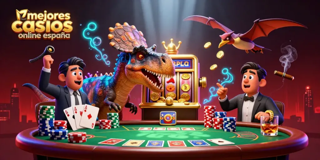 Ilustración en 3D de un pachicefalosaurio golpeando una máquina tragamonedas ganadora, con bonificaciones de los mejores casinos online en España alrededor.