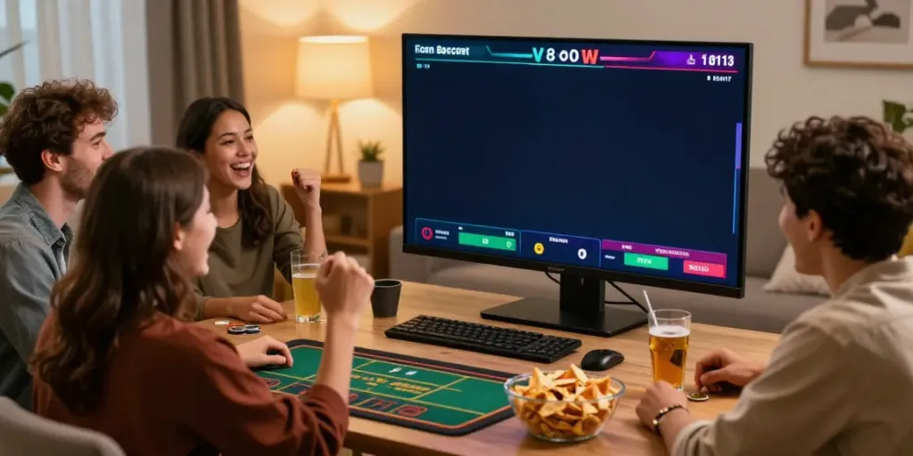 Fabet sports betting excitement with friends in a lively home setting.