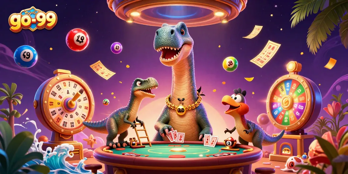 Experience excitement at go-99 with a whimsical casino scene featuring vibrant game elements and playful characters.