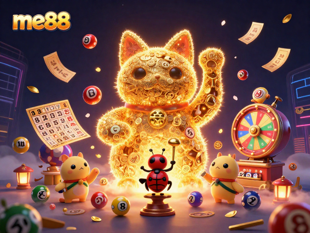 Experience me88's vibrant casino atmosphere with a lucky cat and dynamic game elements.