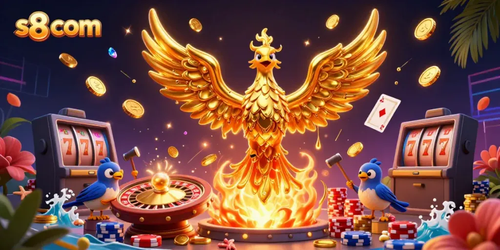 Experience the thrill of winning with s8 com in a vibrant casino illustration featuring a golden phoenix.