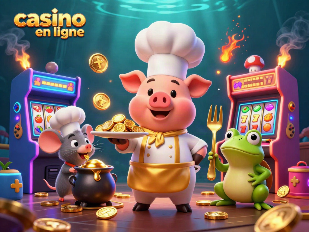 Jouez à casino en ligne avec une illustration colorée de jeux et de personnages 3D.