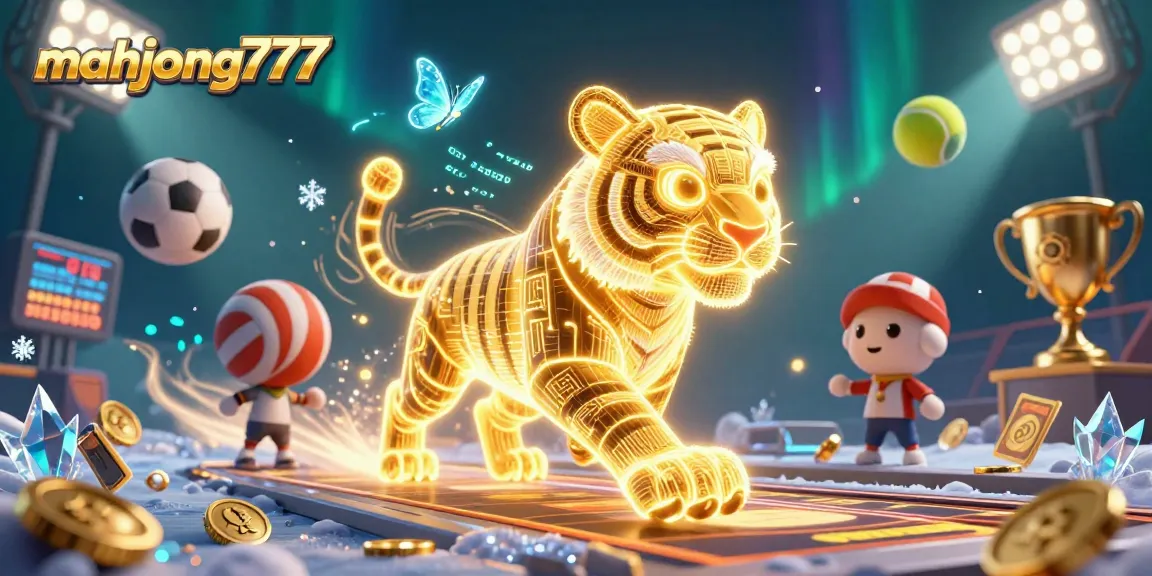 Join the excitement at mahjong777, featuring a vibrant digital casino landscape with animated sports elements and a golden tiger.