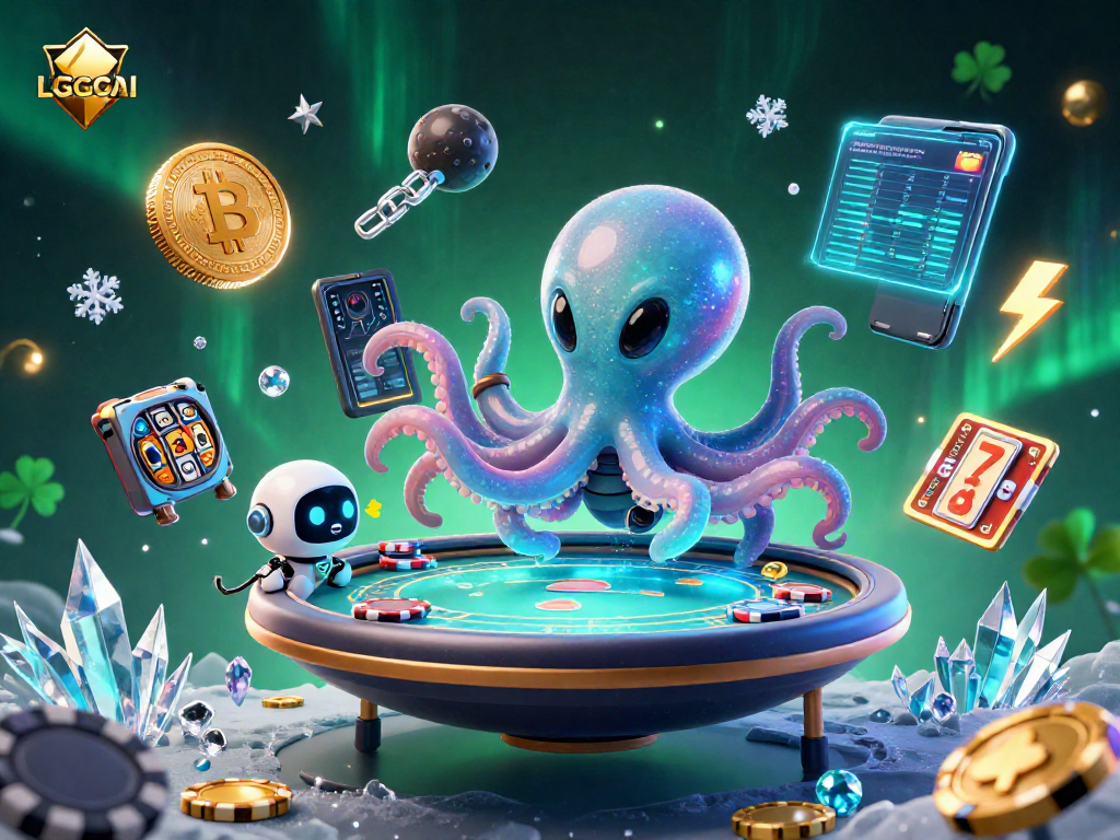 Experience the dynamic casino world of LGOGOAL with a colorful alien octopus and futuristic poker table.