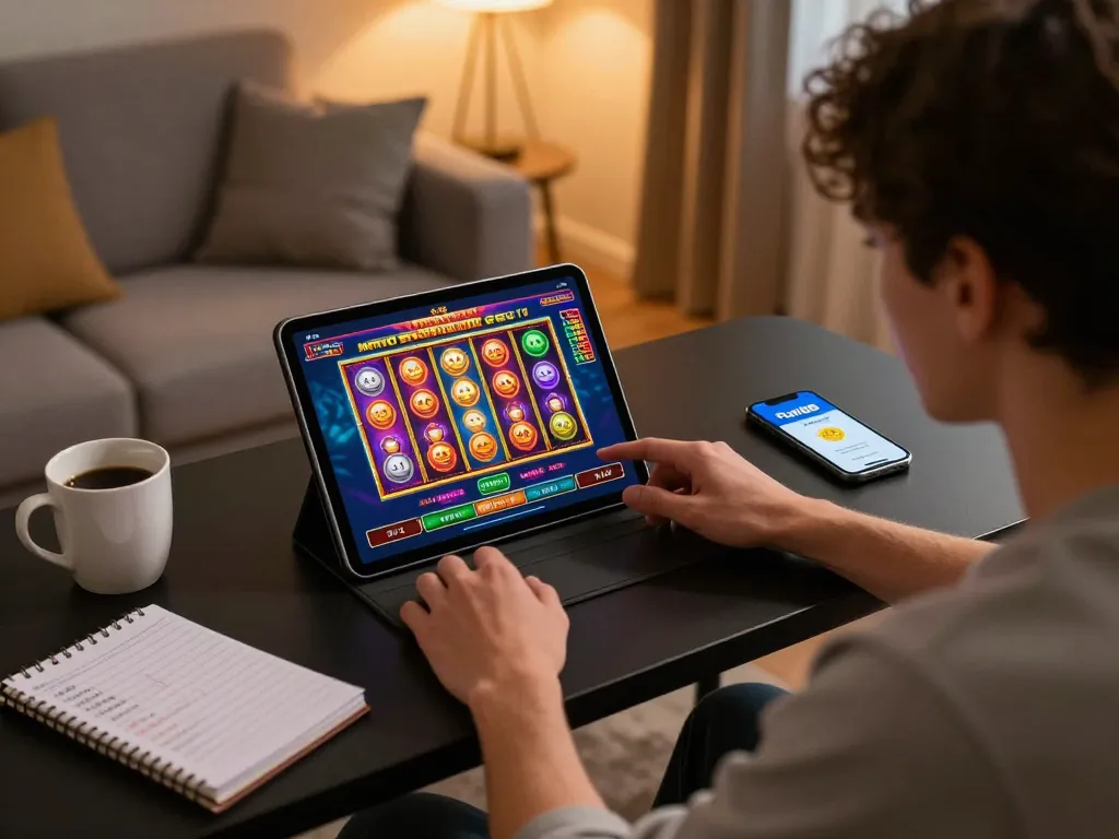 Engaging in fun88 online gaming with an exciting slot game on tablet, showcasing a cozy gaming atmosphere