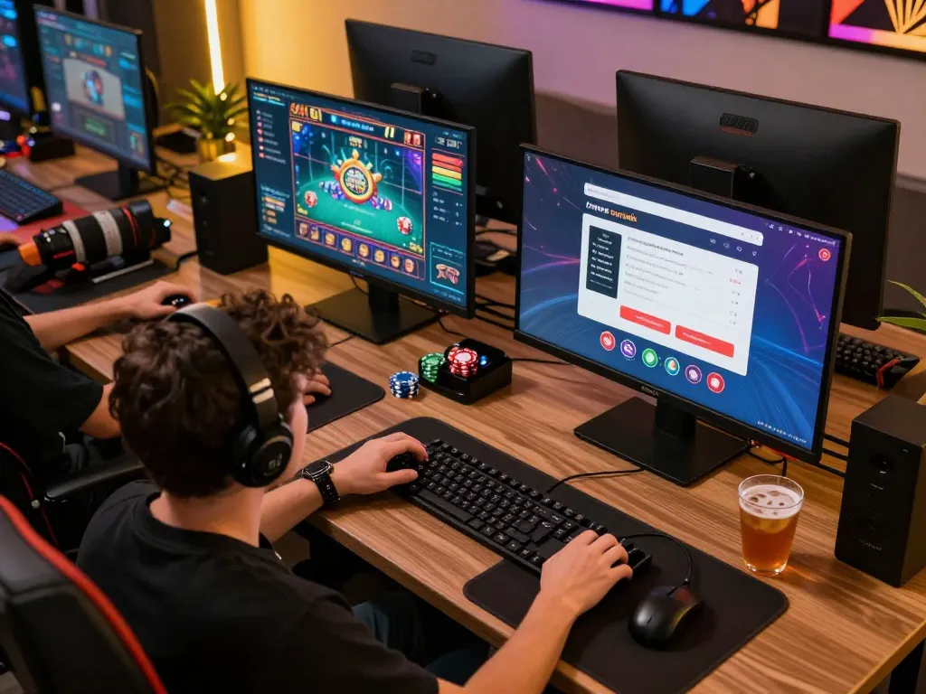 Engaging in lifestylebanking with online casino gaming setup showcasing multiple screens and strategic banking tools.